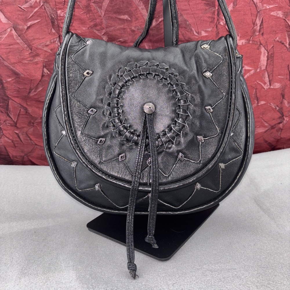 Genuine Black Leather BOHO Saddle Shoulder Bag Braided Embellishment Made‎ USA